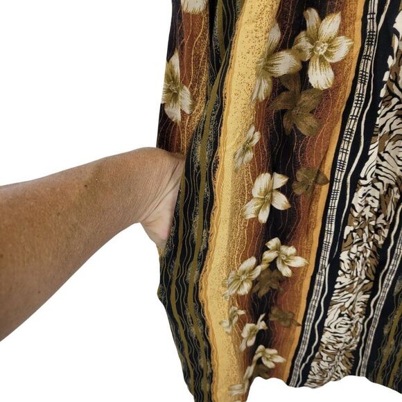 Vtg 80s Tropical Floral Button Front Dress Sz M Sleeveless Rayon Brown Pockets - Picture 5 of 12